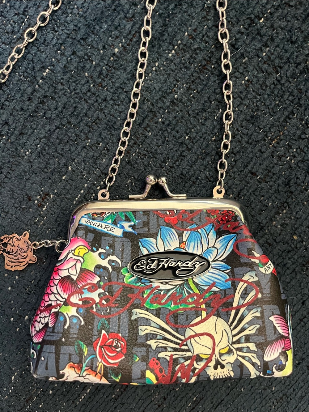 Y2K Ed Hardy Multi-Color Floral Skull Small Chain Shoulder Bag